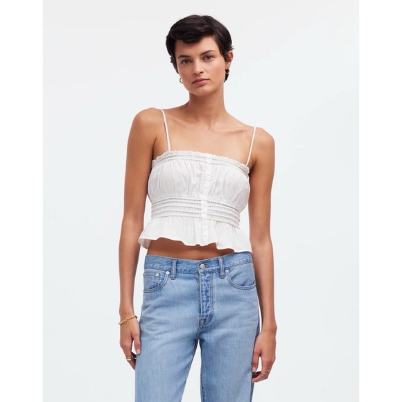 Madewell Smocked Button-Front Top in Poplin - Eyelet White - Picture 2 of 11